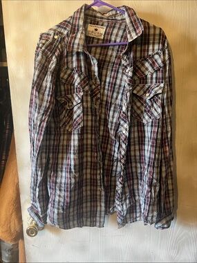 POP ICON CLOTHING Plaid Button-Down Shirt in White, Black & Red